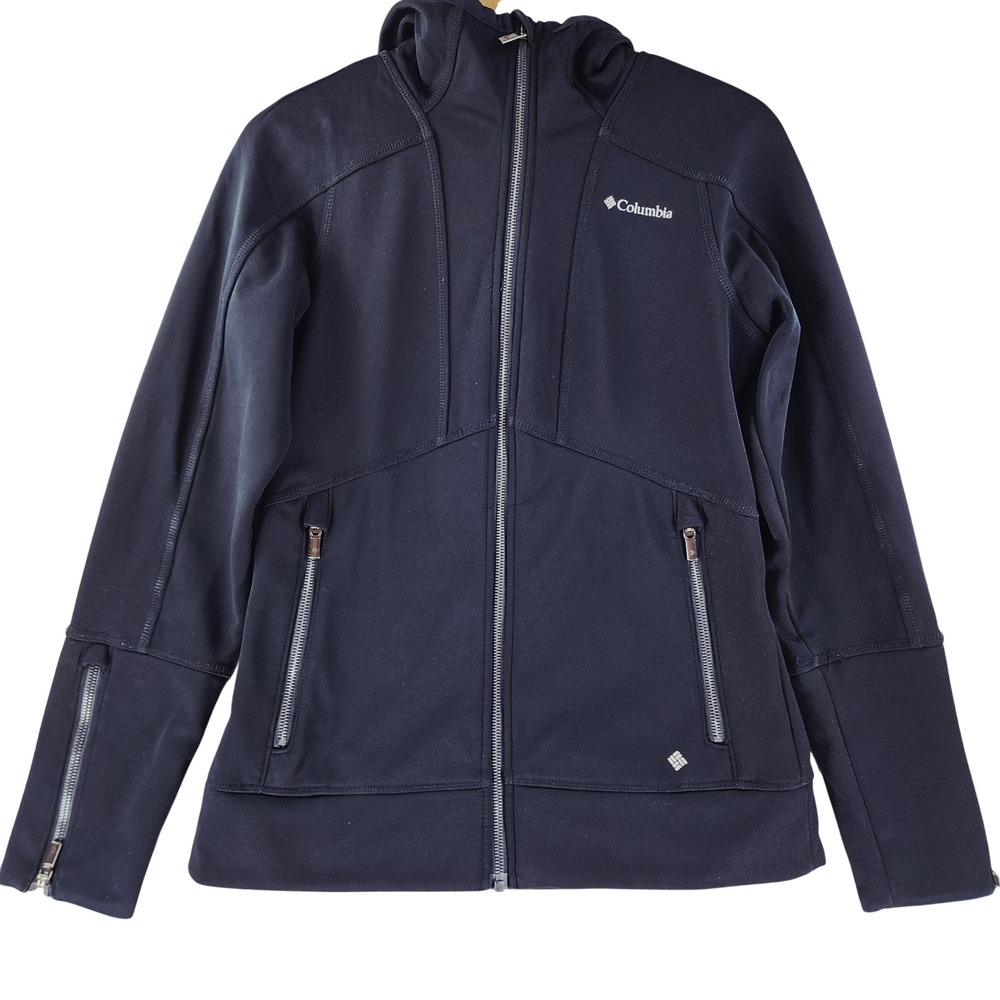Columbia Softshell Jacket Womens Small Black Full Zip‎ Hooded Athletic Stretch